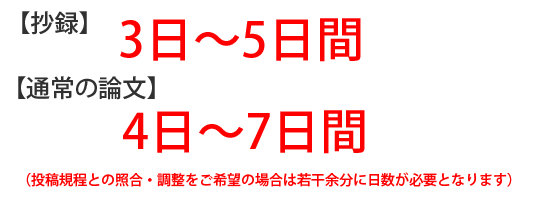 抄録で3日～5日、通常の論文で4日～7日間（投稿規程との照合・調整をご希望の場合は若干余分に日数が必要となります）とお考えください。